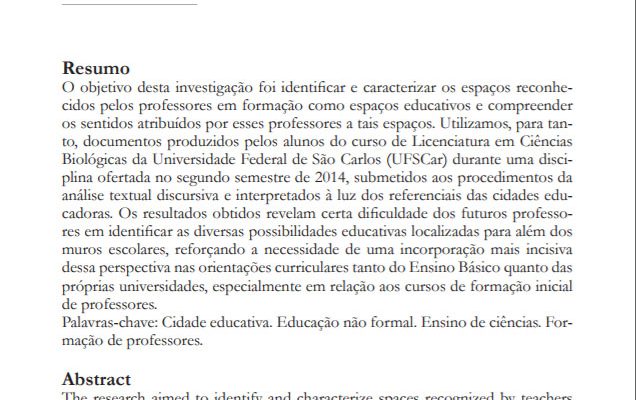 Artigo sobre Cidades Educadoras - Cidade, educação e ciência: possibilidades educativas dos espaços urbanos a partir das percepções de professores em formação